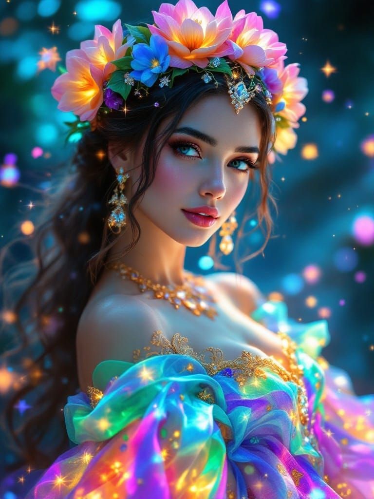 Fantasy Goddess in Radiant Galactic Gown with Golden Embroid...