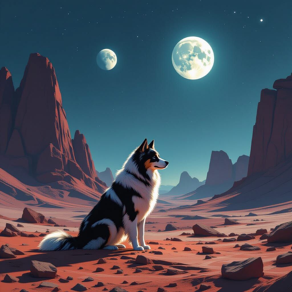 Hyperrealistic Dog on Alien Planet Under Two Moons