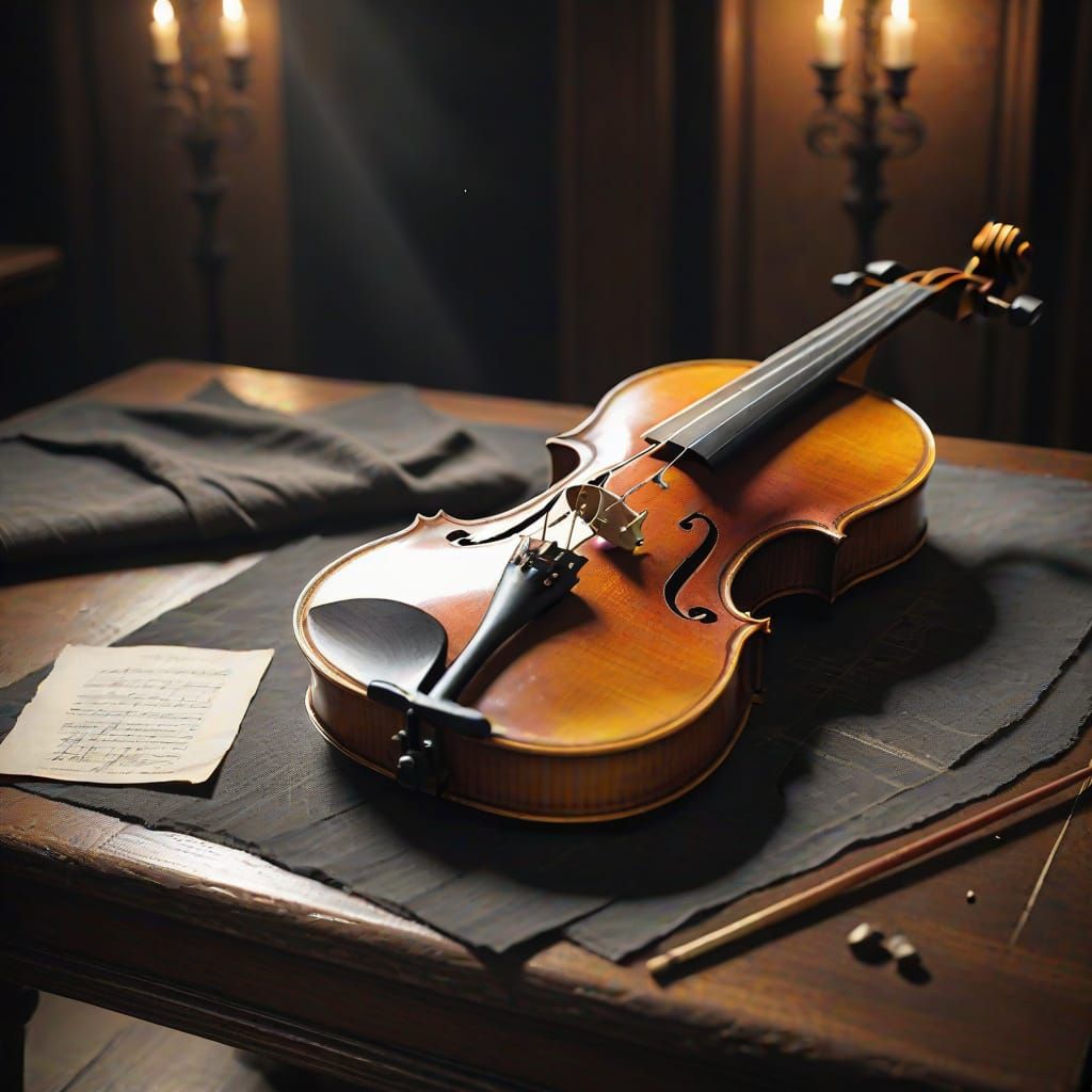 Vintage Violin on Velvet Table in Charcoal Drawing