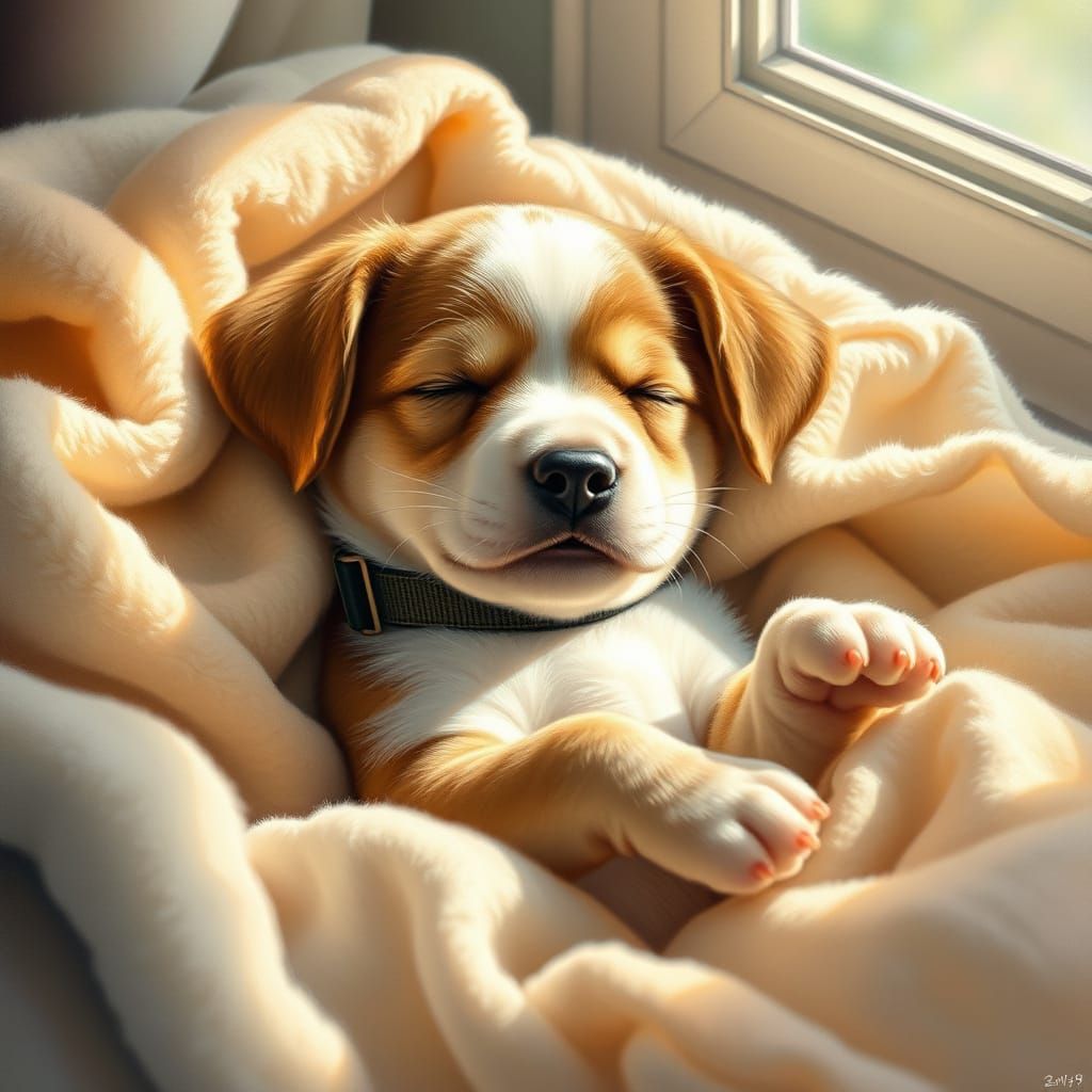 Puppy's Peaceful Nap in Dreamy Watercolor Style