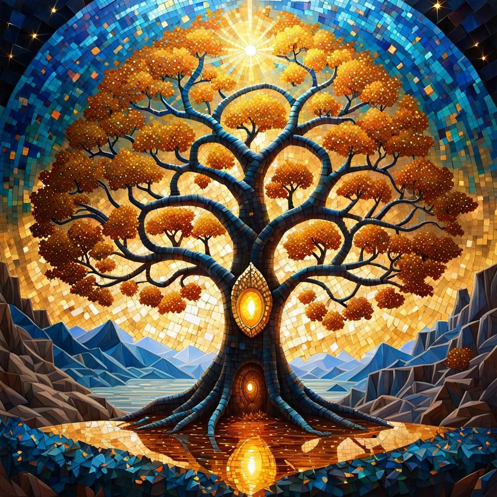 Iridescent Mosaic Tree of Worlds at Night