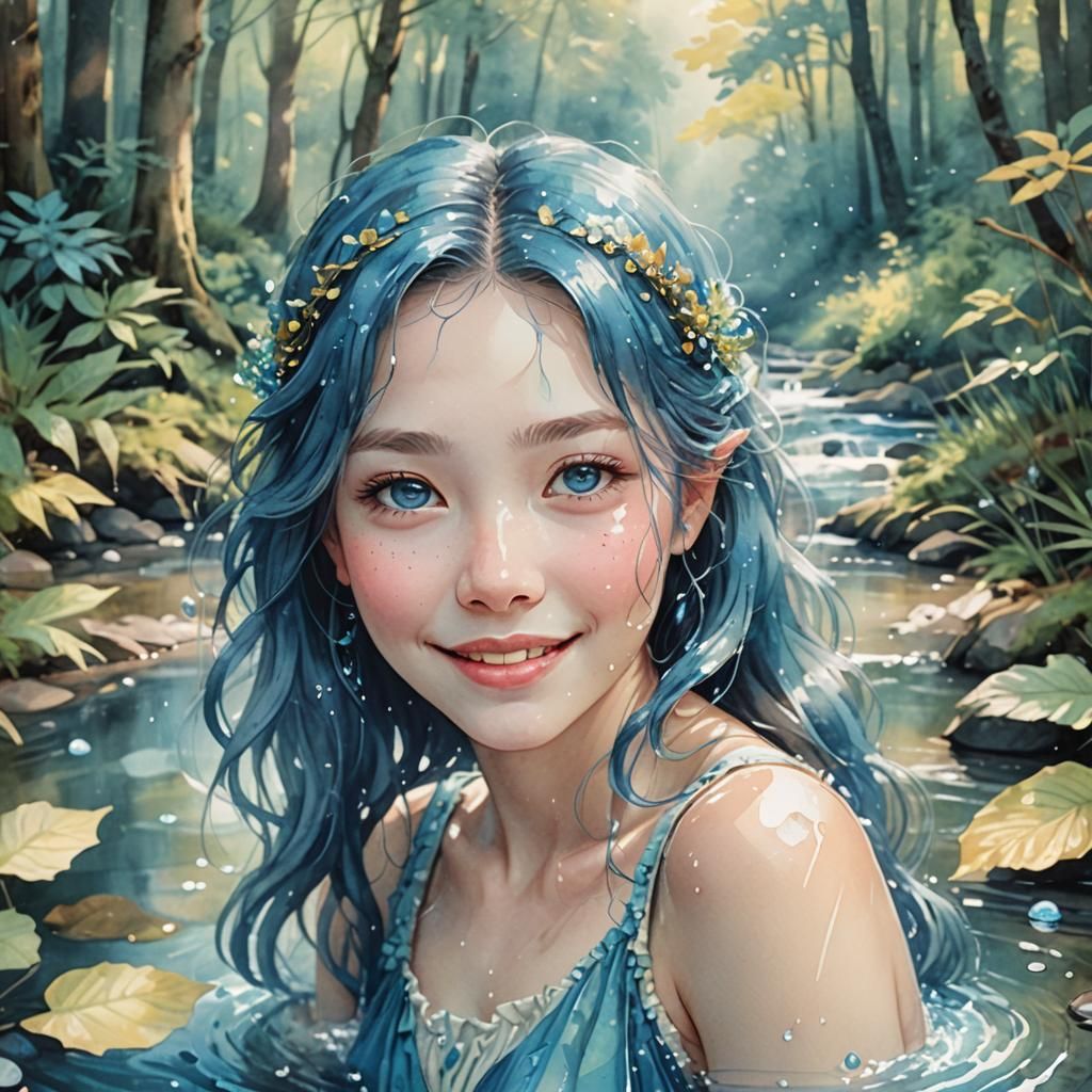 Mischievous Blue Naiad in Dreamy Watercolor Style