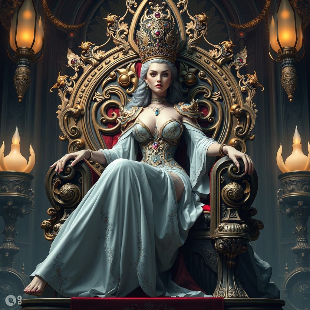 Ethereal Queen with Exquisite Curves Sits on Ornate Throne