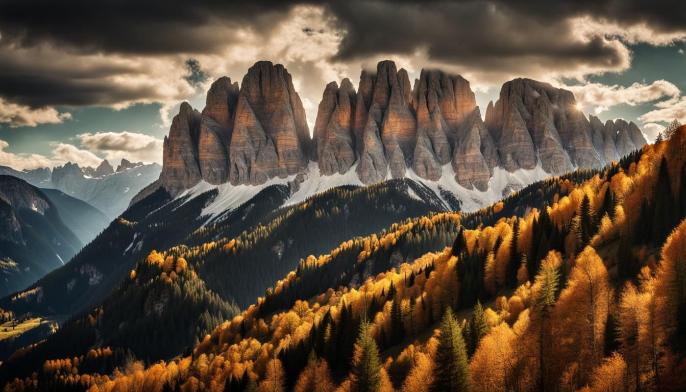 Dolomites Mountain Peaks in Autumn Colors, HDR