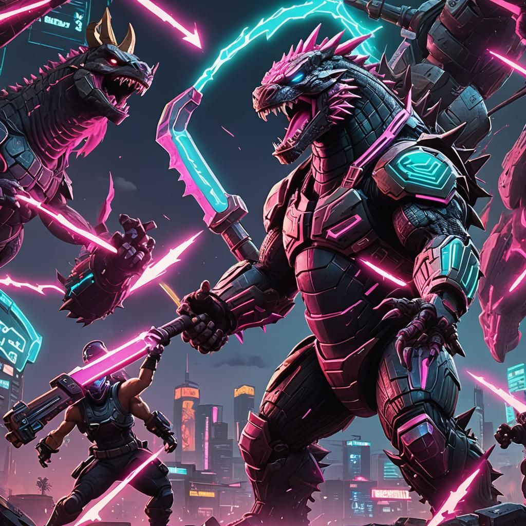 Godzilla vs King Kong in Cyberpunk Neon Battle