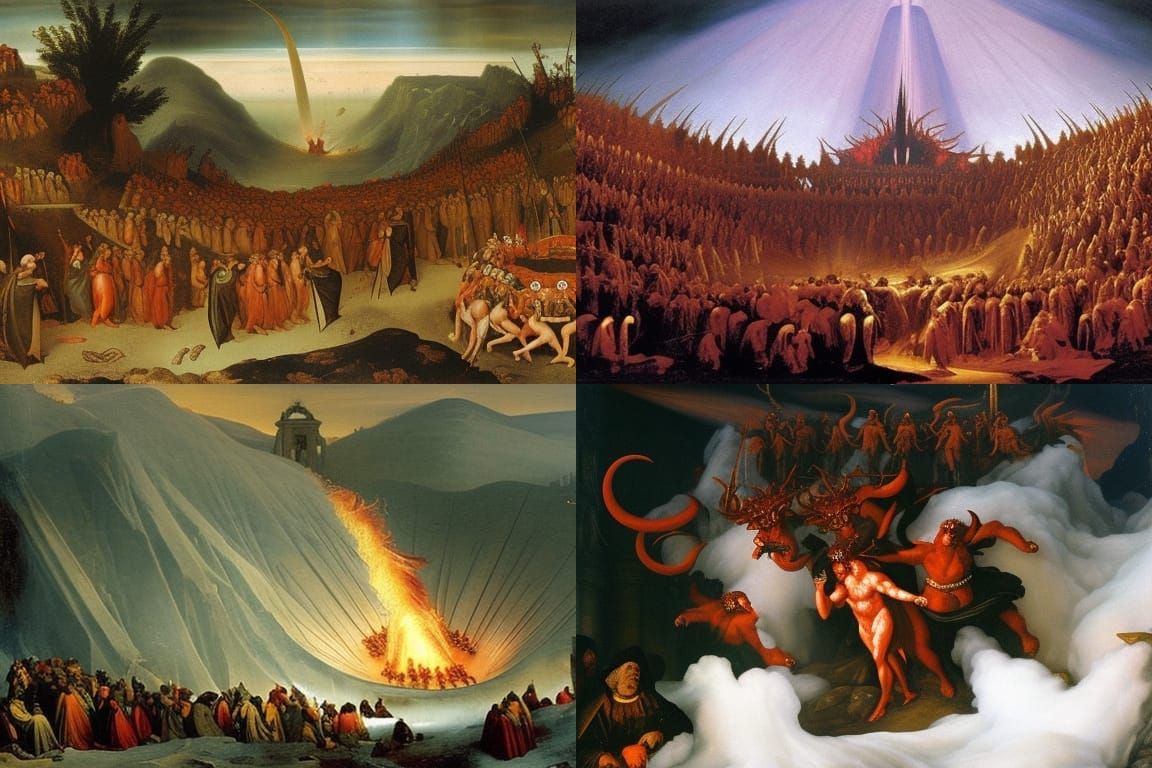 "Dante's Inferno, Satan is portrayed as a giant demon, frozen mid-breast in ice at the center of Hell"