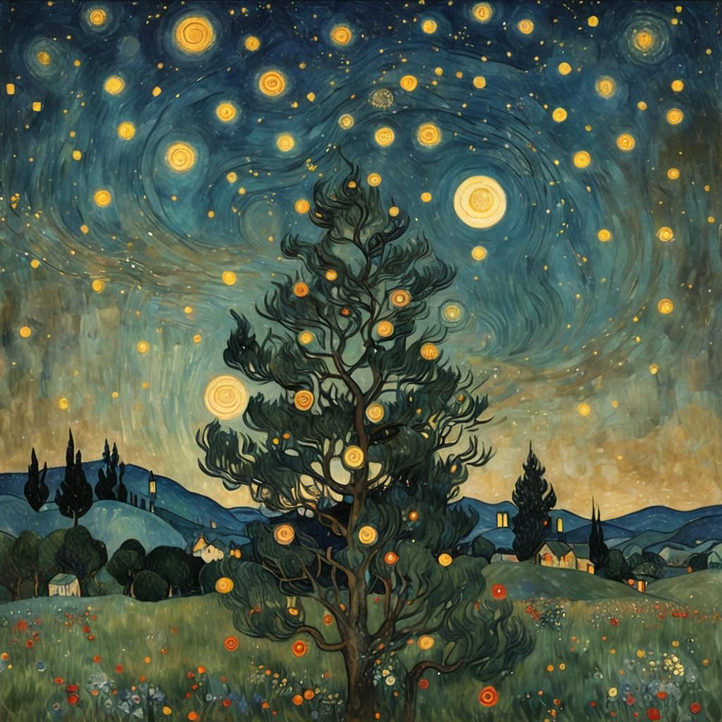 Starry Night Sky in Art Nouveau Style