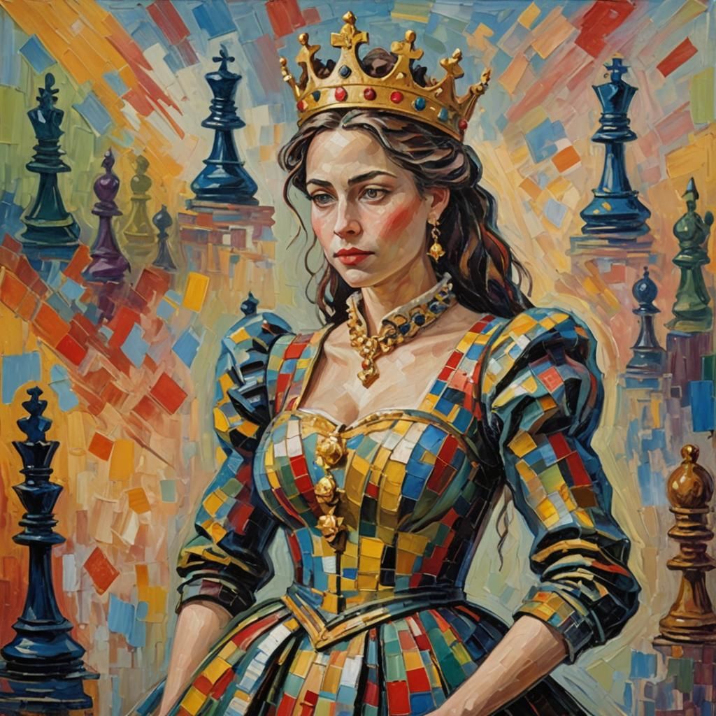 Regal Chess Queen in Expressionist Oil Painting