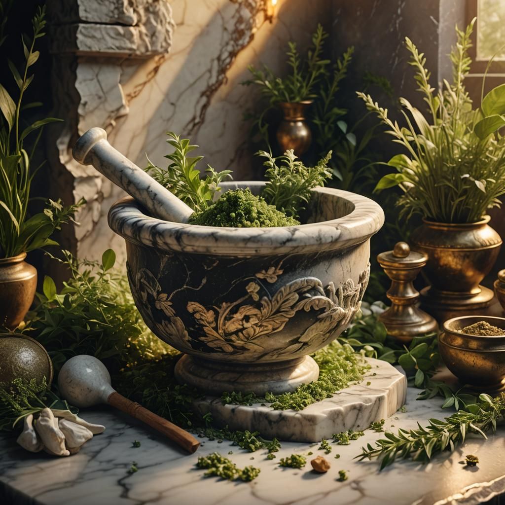 Marble Mortar and Pestle Surrounded by Herbs