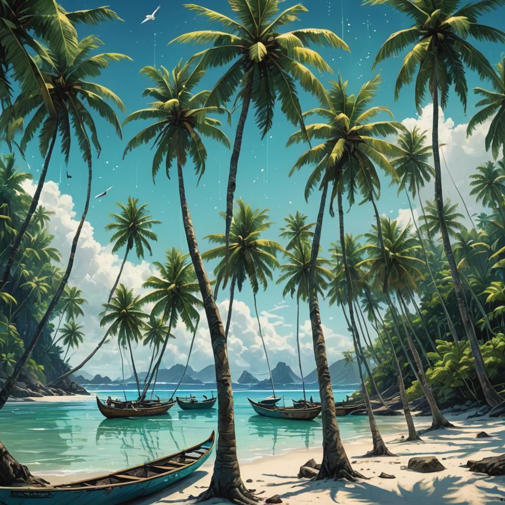 Samoan Fishermen on Tropical Beach, Digital Matte Painting