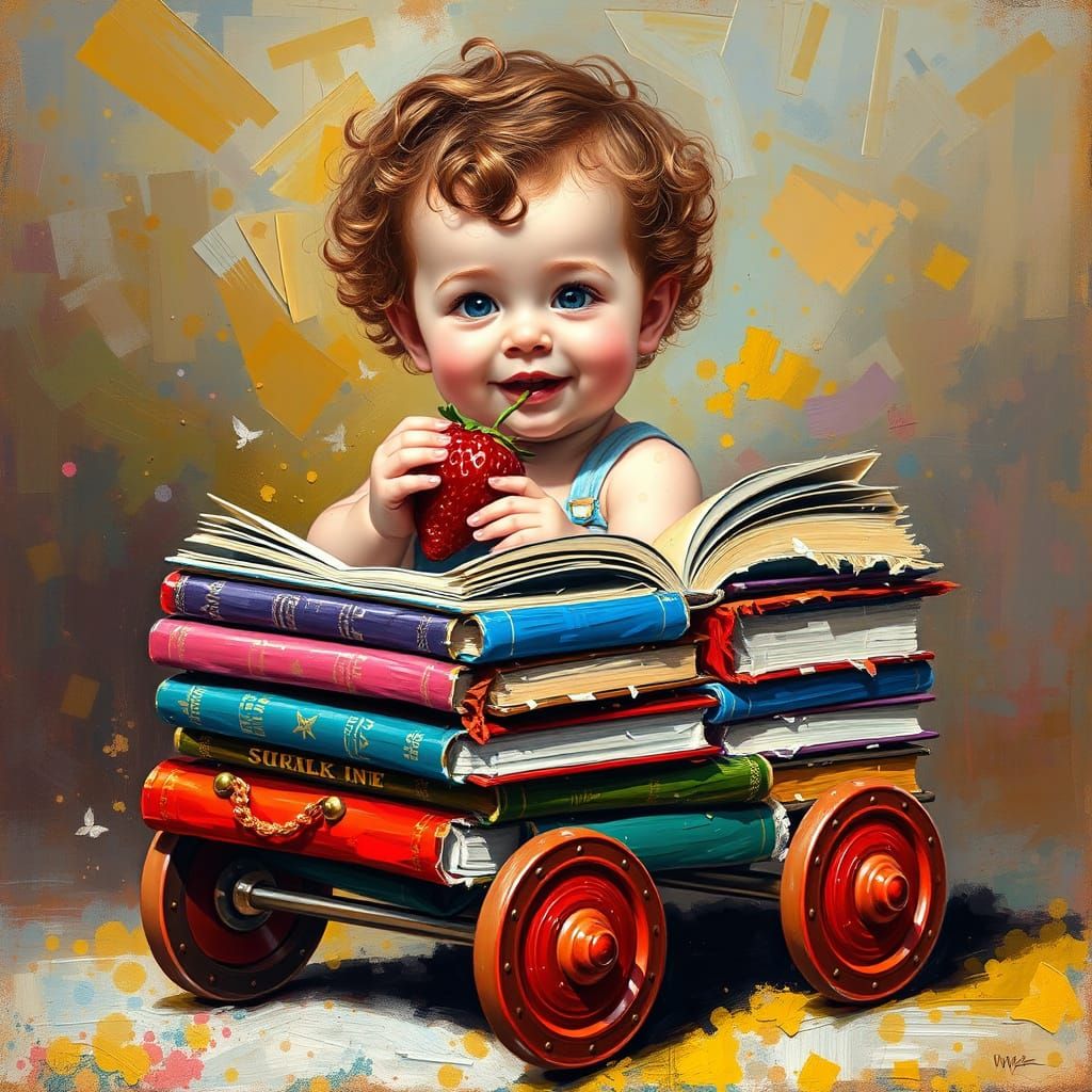 Whimsical Child in Impasto Book Car Eats Strawberry