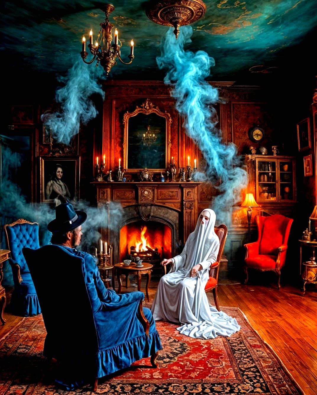 Victorian Parlor Scene with Witch, Ghost and Demon