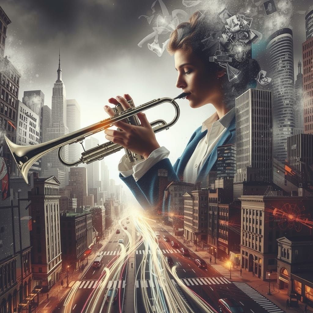 Saxophonist in Cityscape: Double Exposure Photo-Realistic Ar...