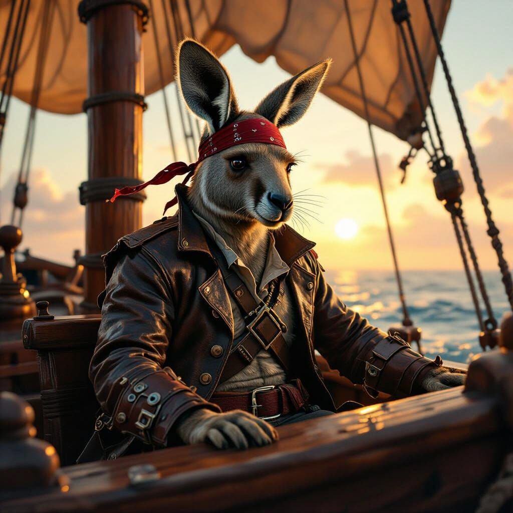 Australian Kangaroo Pirate on Vintage Ship at Golden Hour