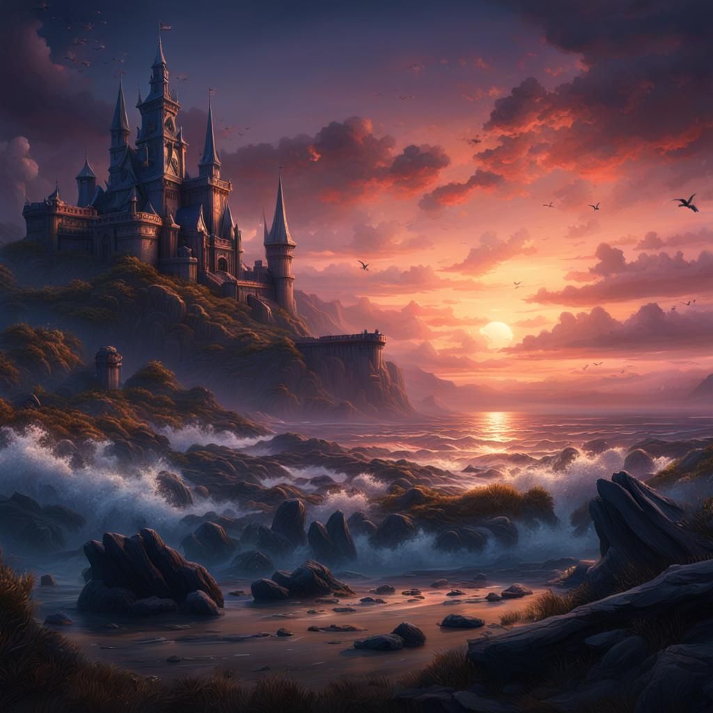 Twilight at the castle on the shoreline