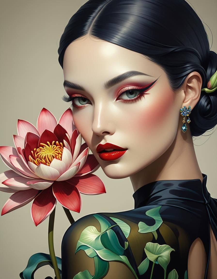 Surreal Art Nouveau Fashion Goddess with Water Lily