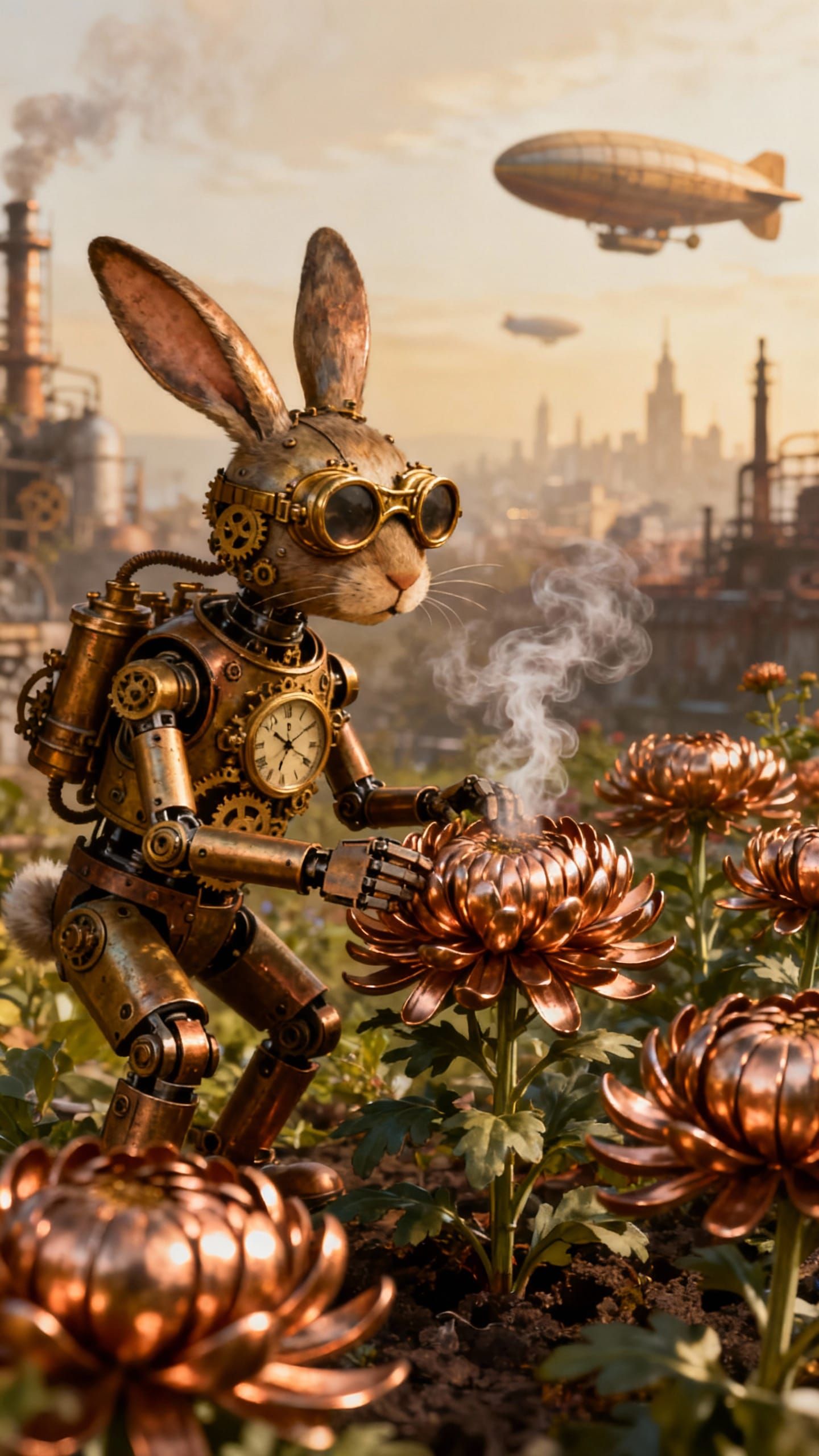 Steampunk Rabbit Tends Metallic Garden in Industrial Citysca...