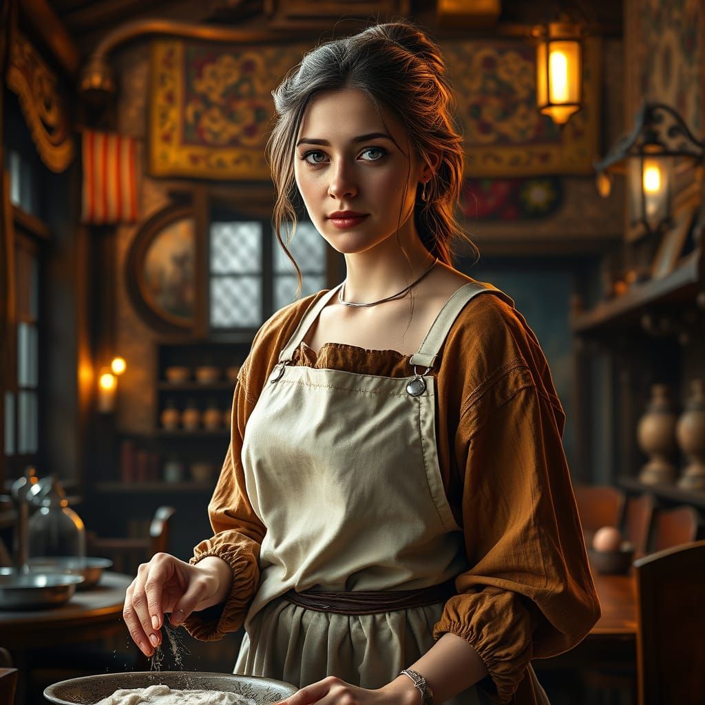 Warm Innkeeper's Smile in a Medieval Fantasy Tavern