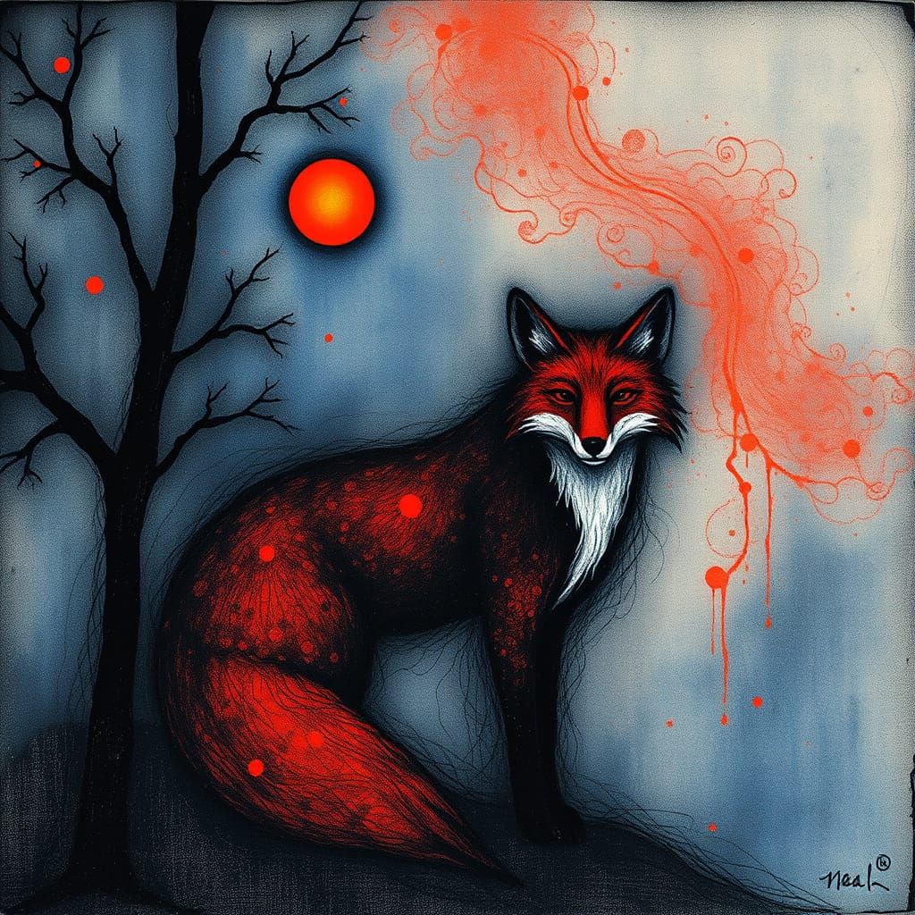 Fox black and blue and red  mystical and poetic dreamlike Paul Klee, surreal and celestial, etching & delicate aquatint ...