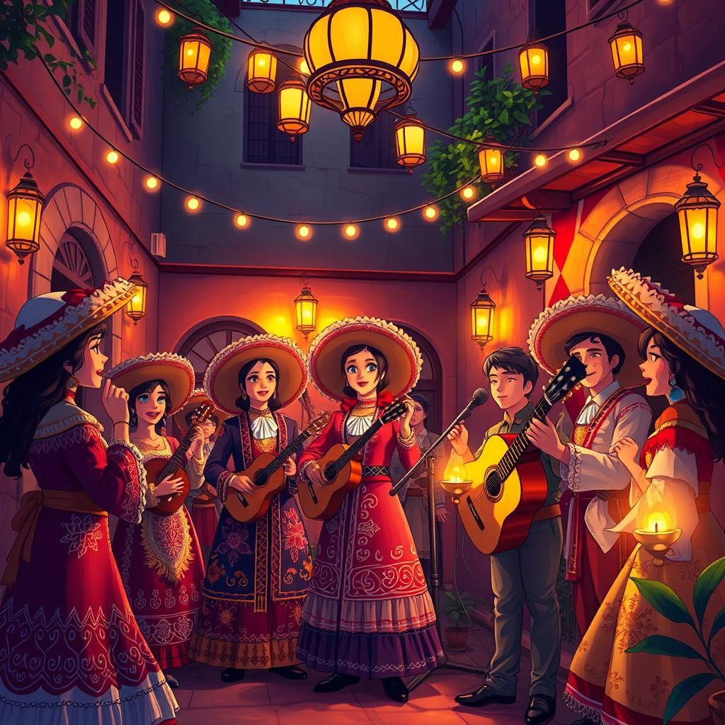 Festive Spanish Band in Anime Style Courtyard