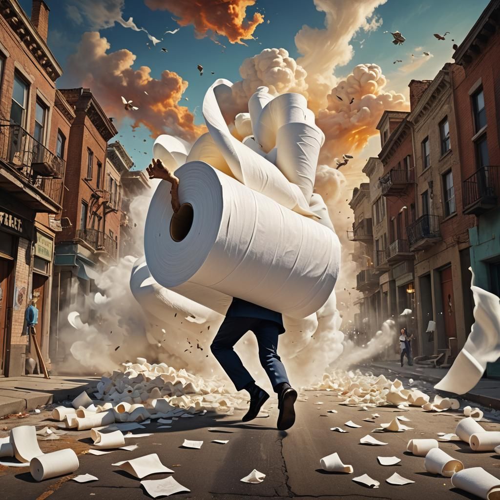 Surreal Toilet Paper Monster in Cityscape