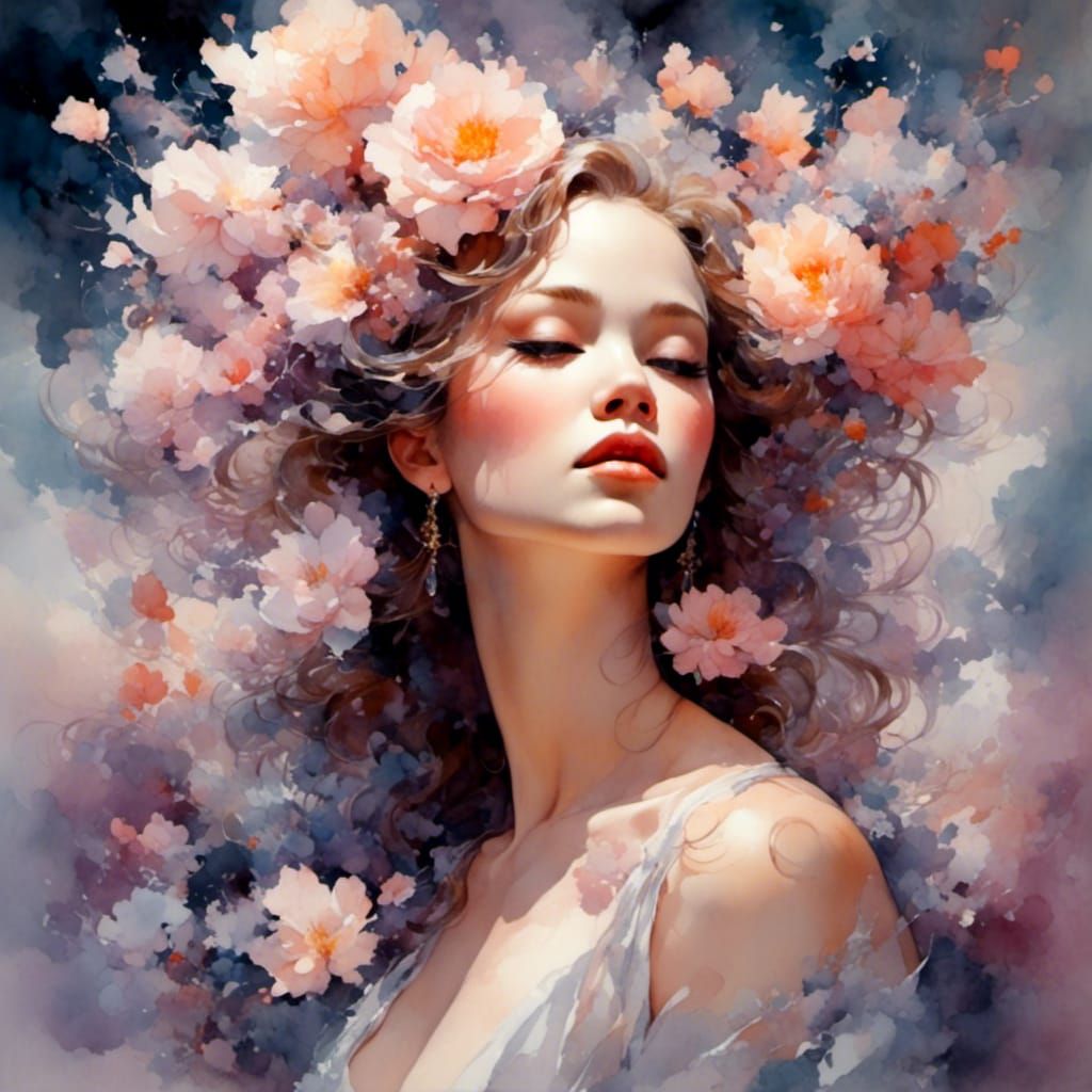 Watercolor Woman Blowing Flower Petals