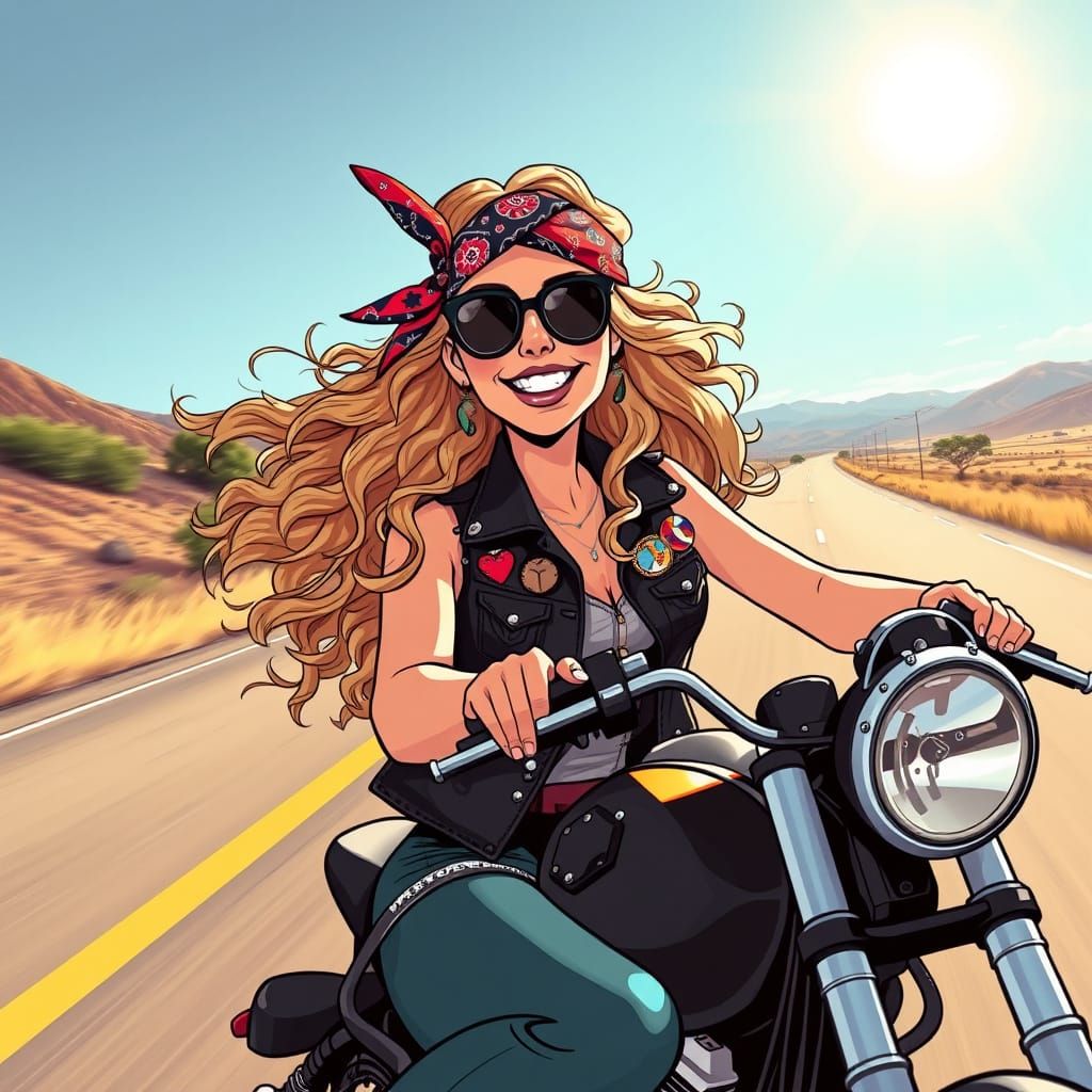 Motorcycle Mama Cruising Tennessee Highway in Vibrant Cartoo...