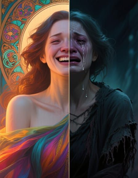 Woman's Split Portrait: Joy and Despair