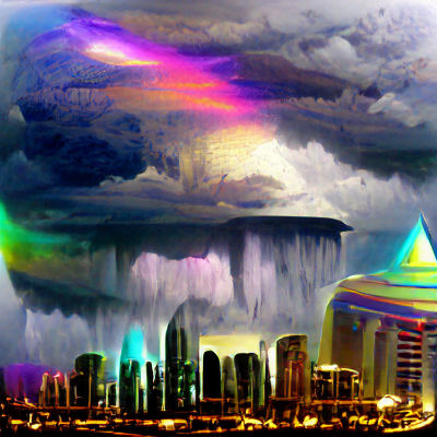 Dystopian Sky City Floating Island During Thunderstorm