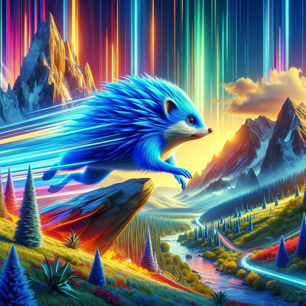 Blue Hedgehog Races Through Mountains in 3D Digital Art