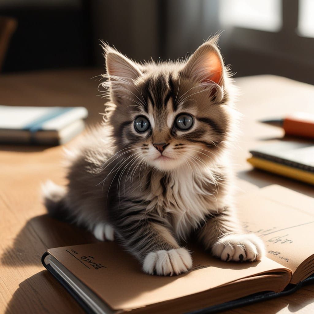Fluffy Kitten Examines Sketchbook Art