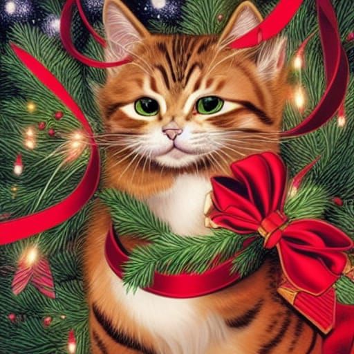 Festive Cat with Ribbons, Comic Book Style