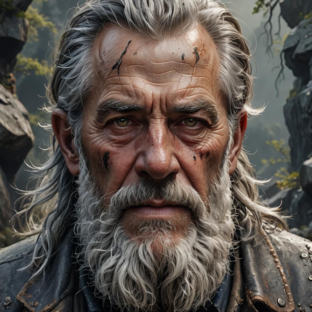 Hyperrealistic Portrait of a Rugged Silver-Haired Man