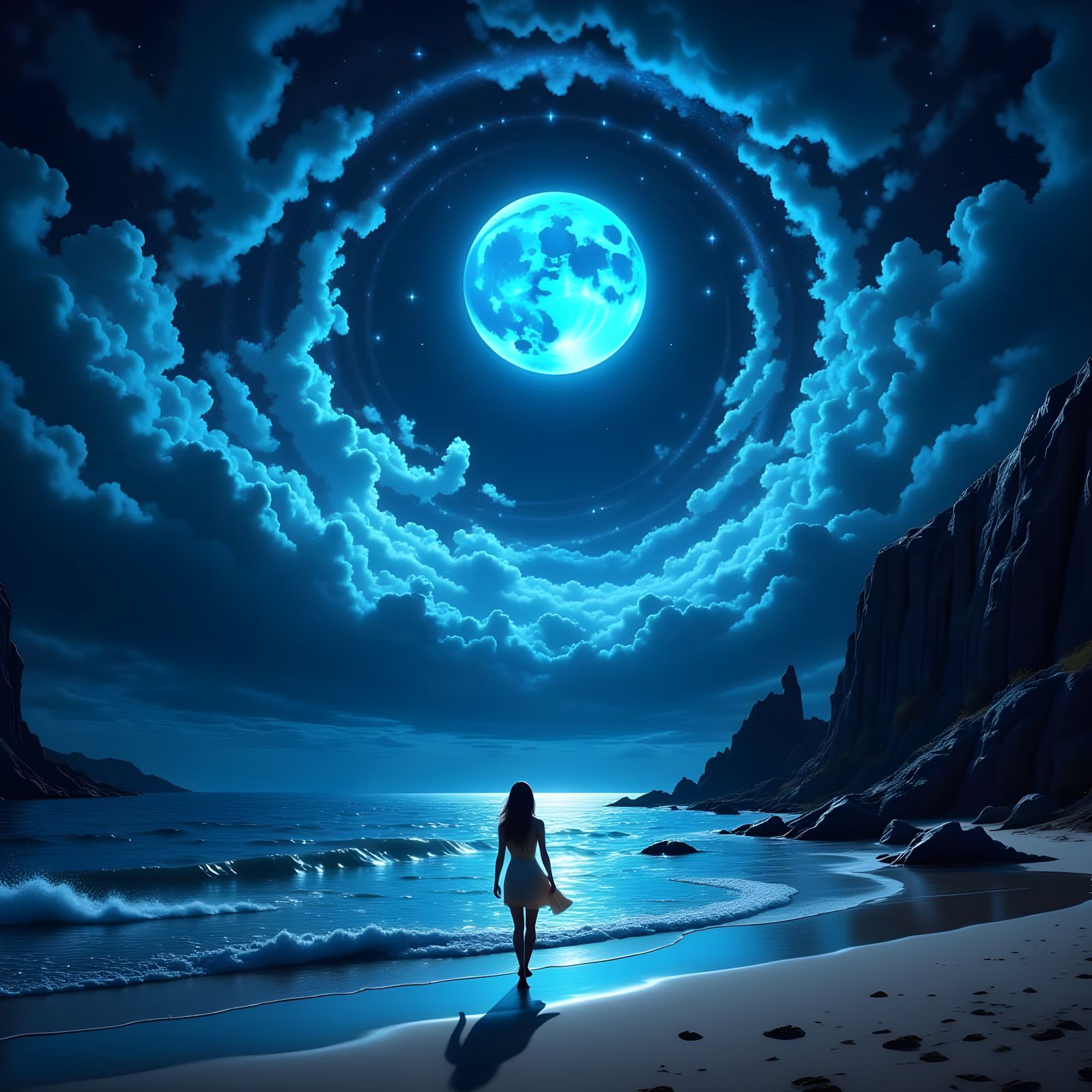 Ethereal Night Seascape with Woman Under Blue Moon