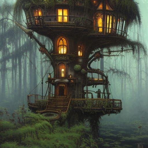 Steampunk Treehouse in Lush Swamp Under Moonlight