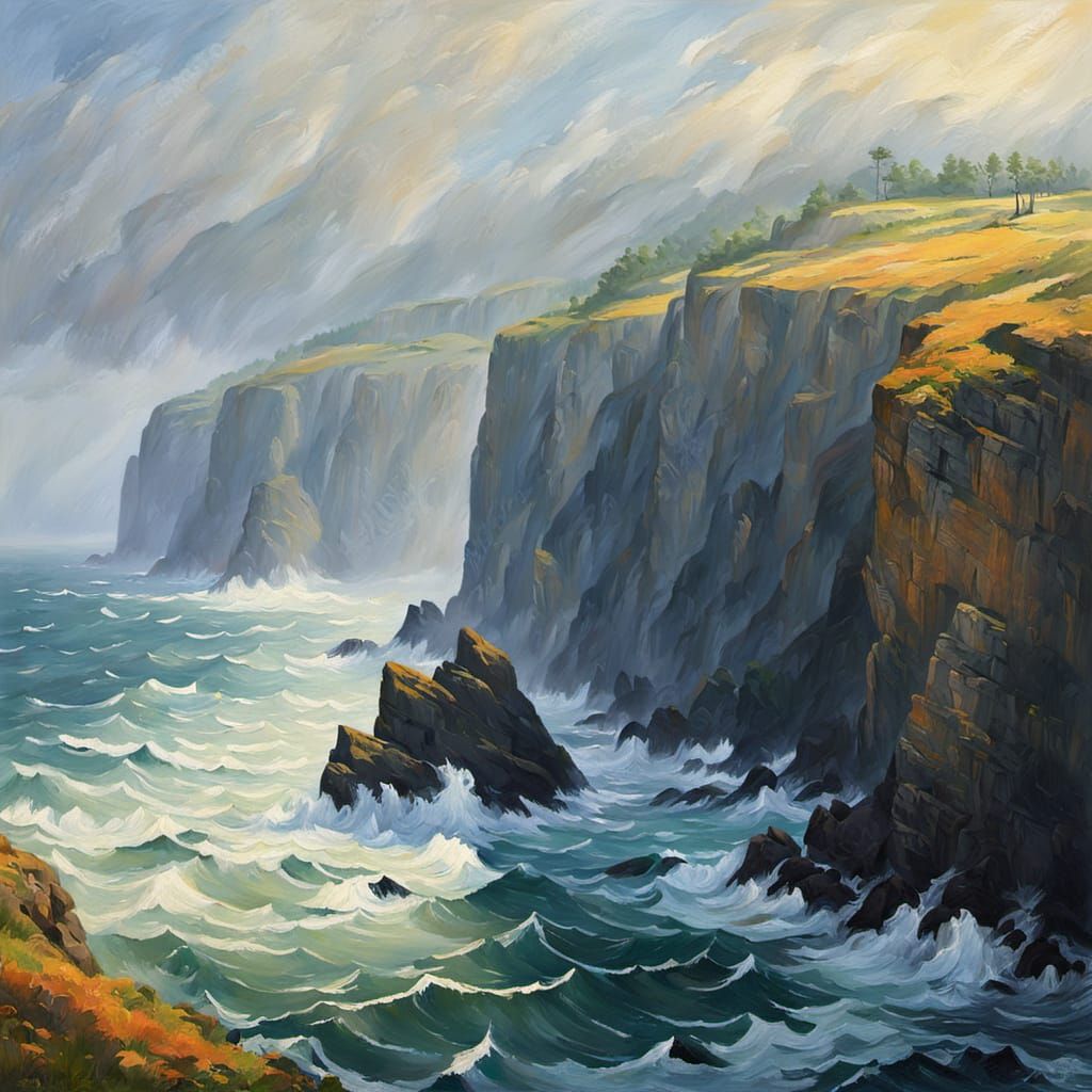 Impressionist Gouache Cliffs and Sea in Golden Mist