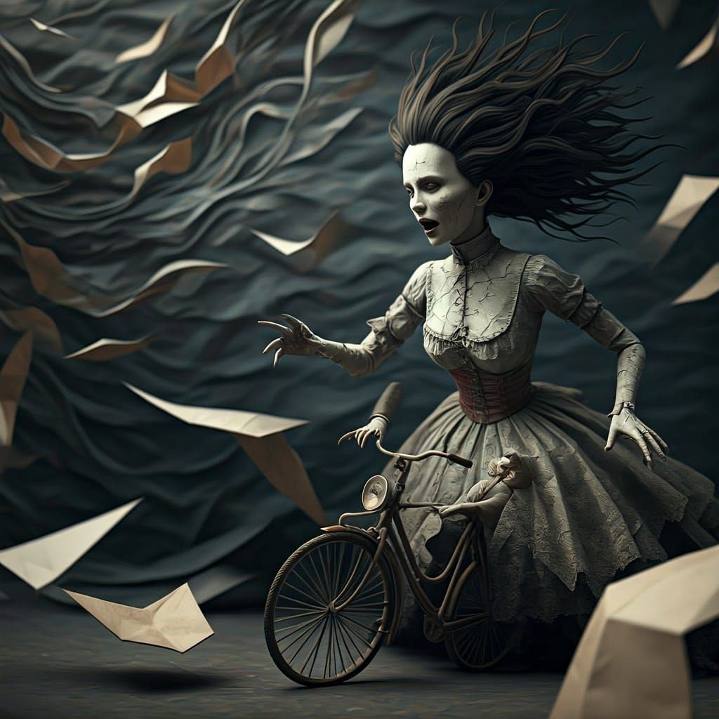 Papercraft Horror Woman Catches Boy on Bicycle