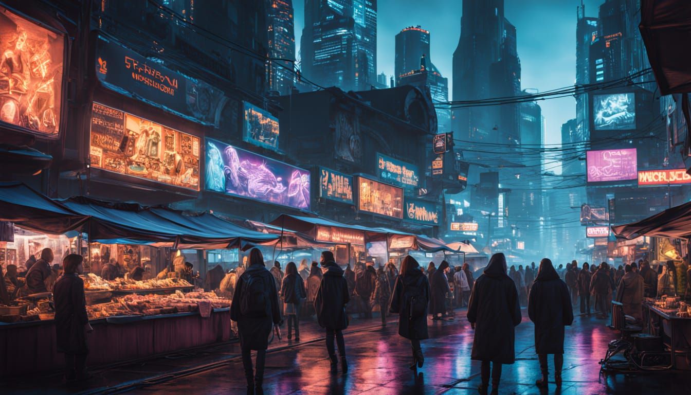 Surreal Futuristic Night Market in Cyberpunk Portal City