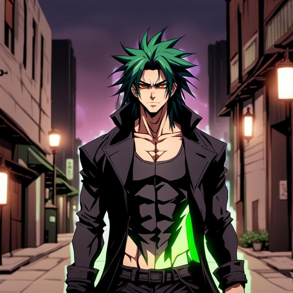 Dynamic Anime Portrait: Green-Haired Teen in Trenchcoat