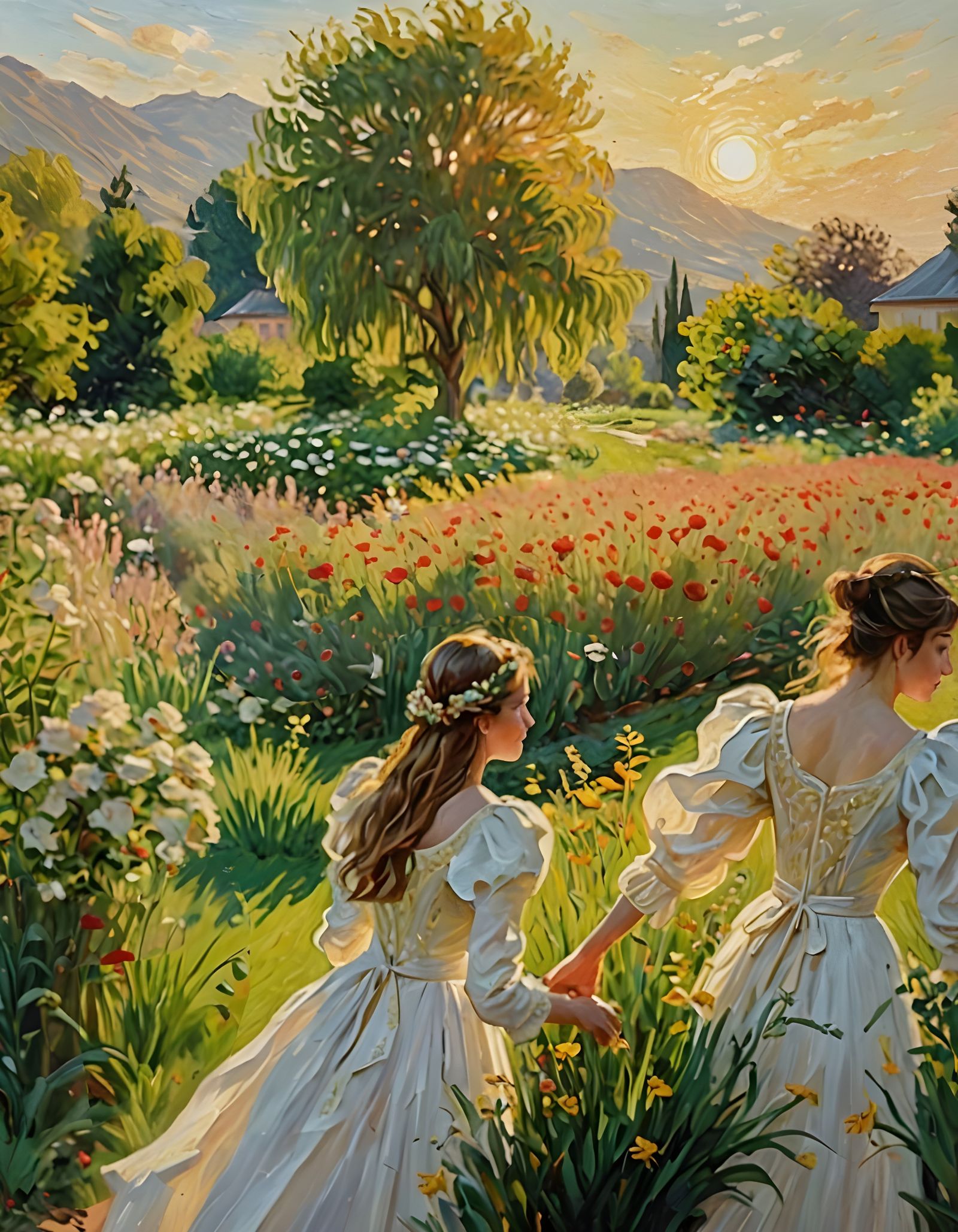 Poppy Field in Mountains: Impressionistic Style