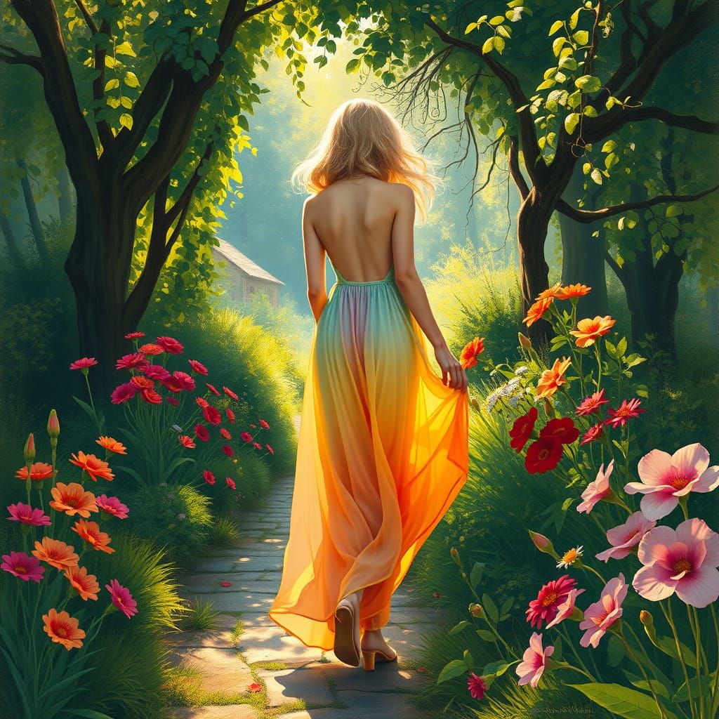 Elegant Woman Strolls Through Whimsical Garden in Art Nouvea...