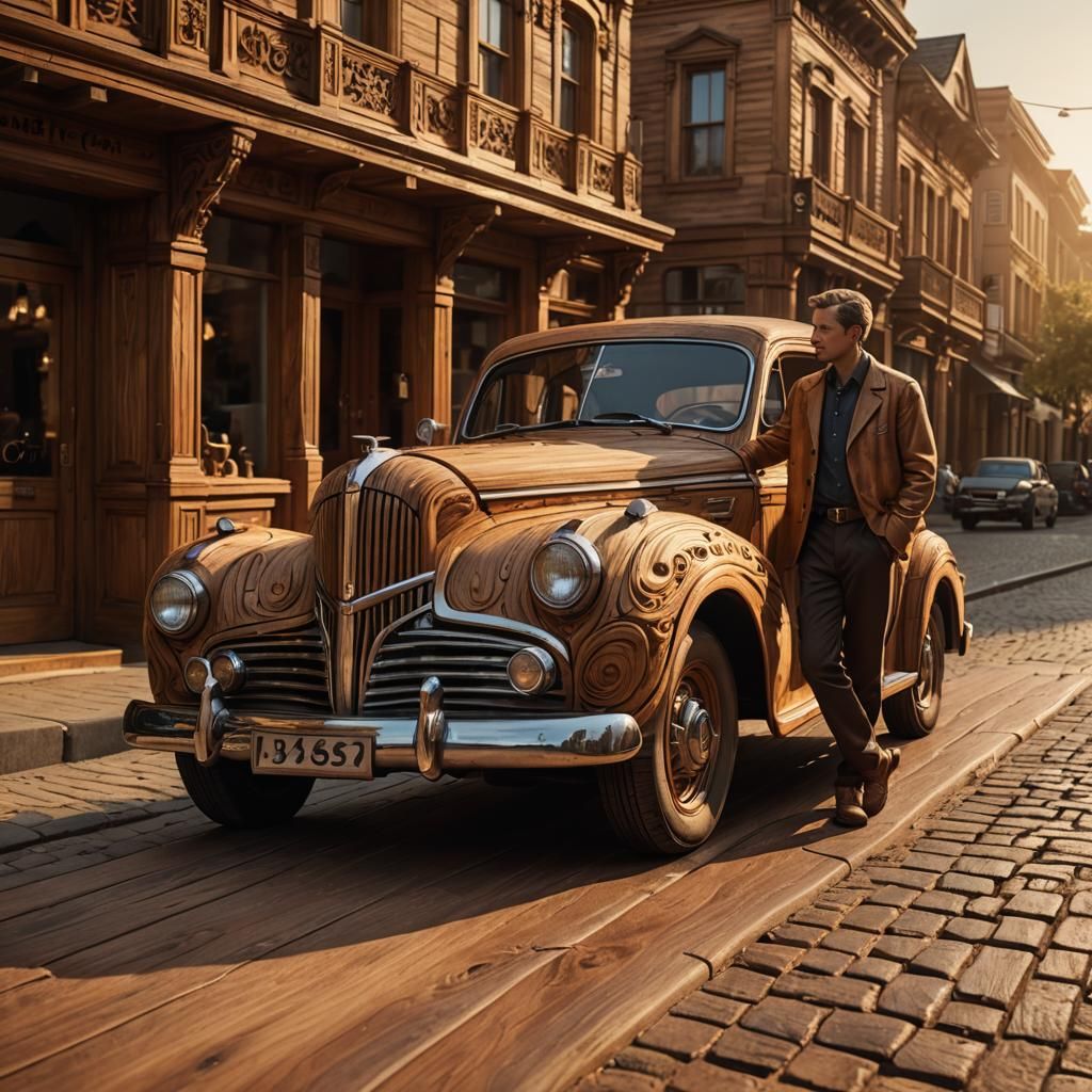 Detailed Wood Carving of a Vintage Street Scene