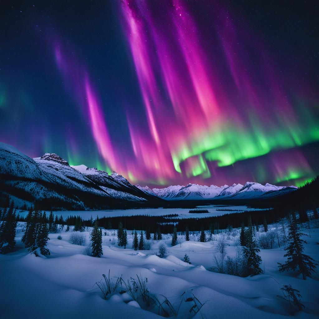 Spectacular Aurora Borealis Over Alien Snowy Valley