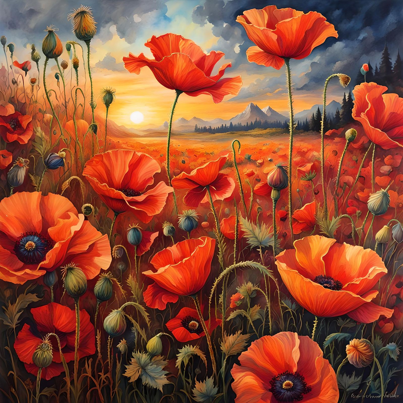 Poppy Field at Sunrise in Watercolor and Ink