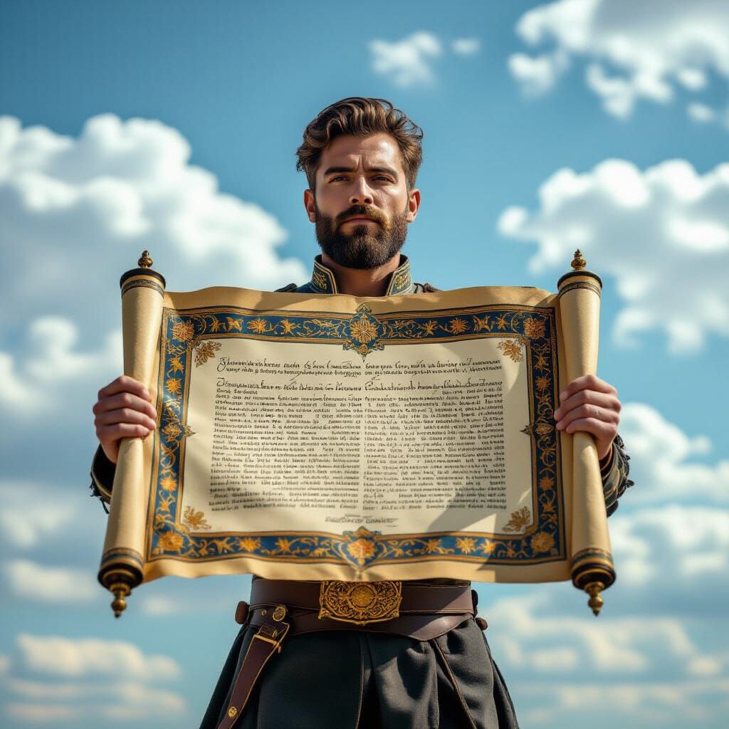Man Holding Ornate Scroll in Hyperrealistic Sky