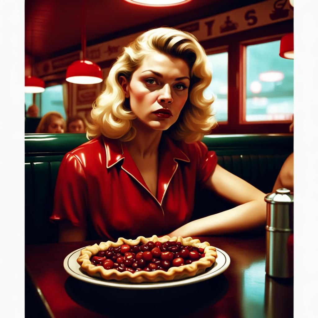 Surreal Diner Scene: Woman with Cherry Pie