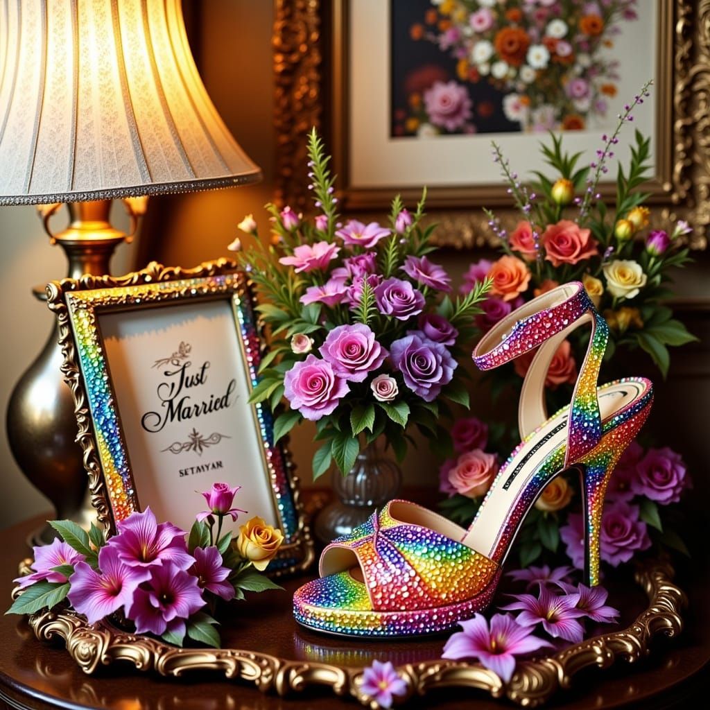 Just Married Picture Frame with Rainbow Wedding Details