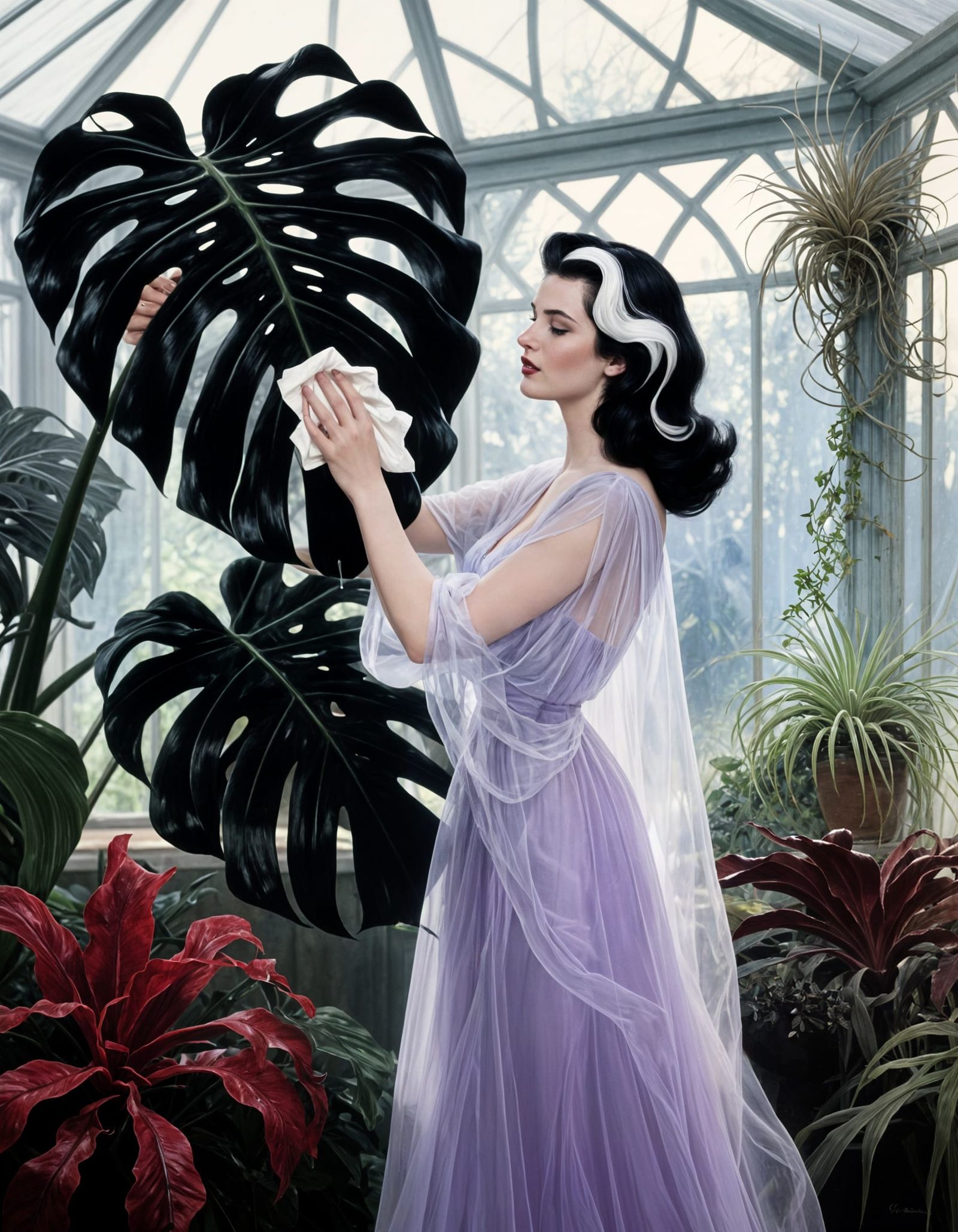 Lily Munster Polishing Black Monstera Leaves in Vintage Cons...