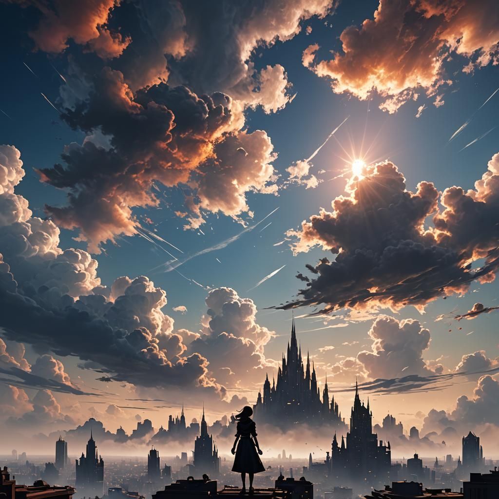 Cityscape Sky with Girl Silhouette: Matte Painting