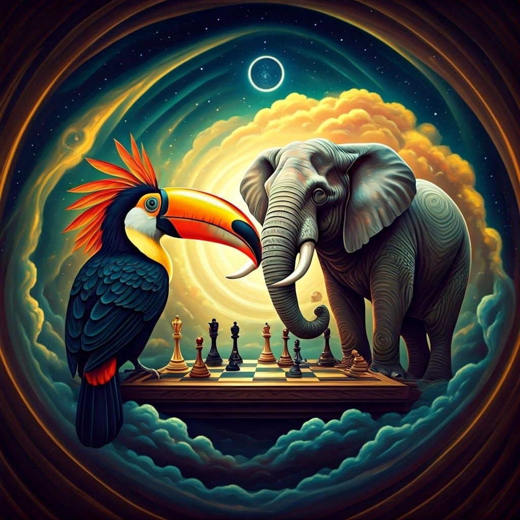Toucan and Elephant Play Chess in Cosmic Dreamscape